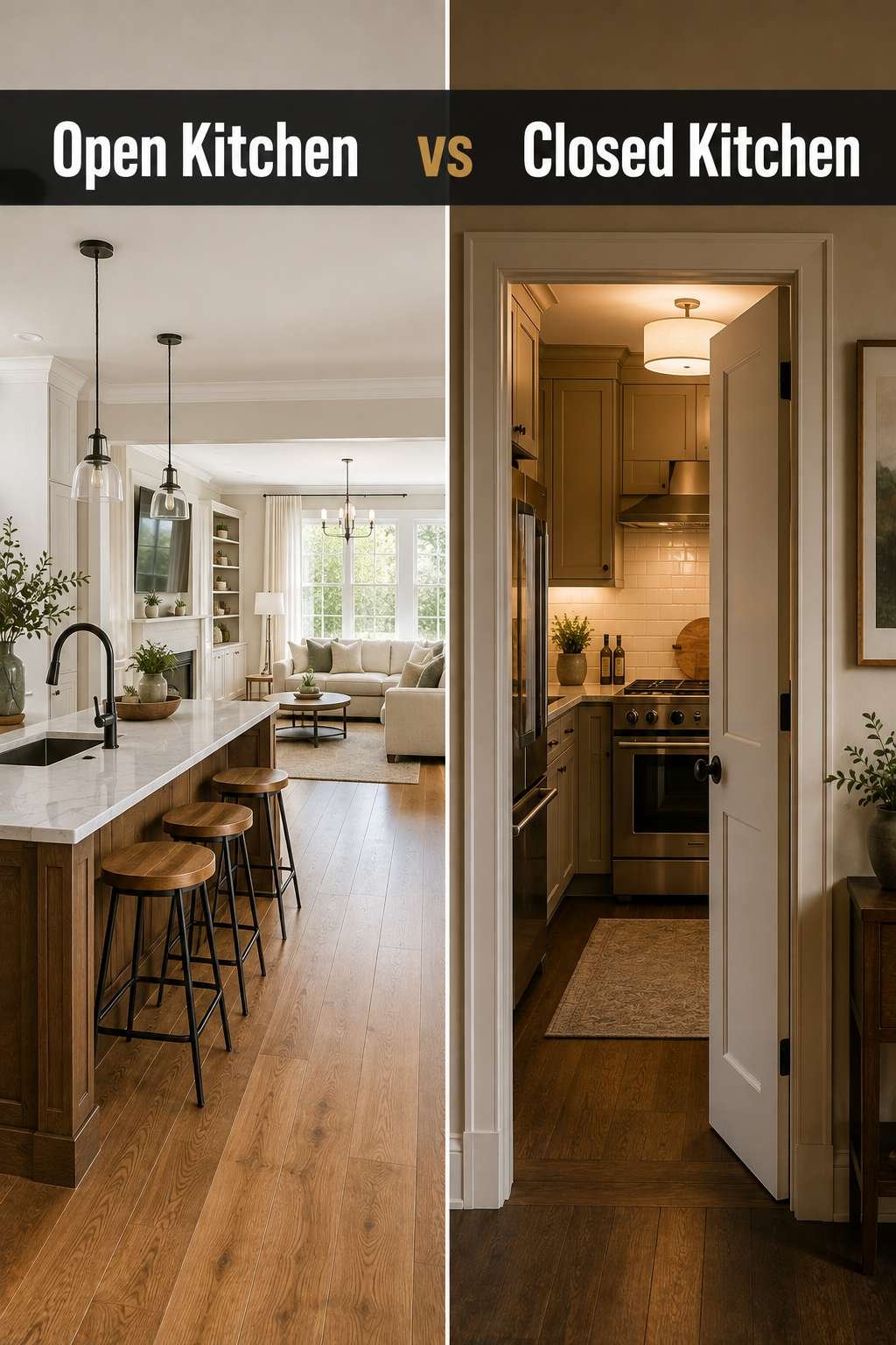 A split-view comparison of an open kitchen with an island flowing into the living room and a closed kitchen with a self-contained cooking space, illustrating the open kitchen vs closed kitchen decision.