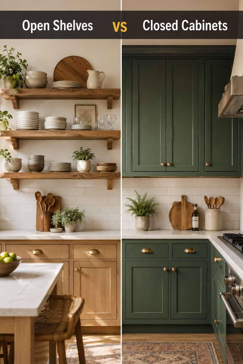 A split kitchen scene comparing open wooden shelving on one side with closed forest-green cabinetry on the other, illustrating the open shelves vs closed cabinets decision.