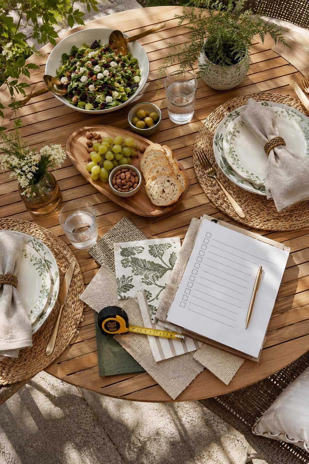 Overhead view of an outdoor patio table set for lunch with plates, food, linen napkins, fabric swatches, a tape measure, and a blank checklist in soft natural daylight.