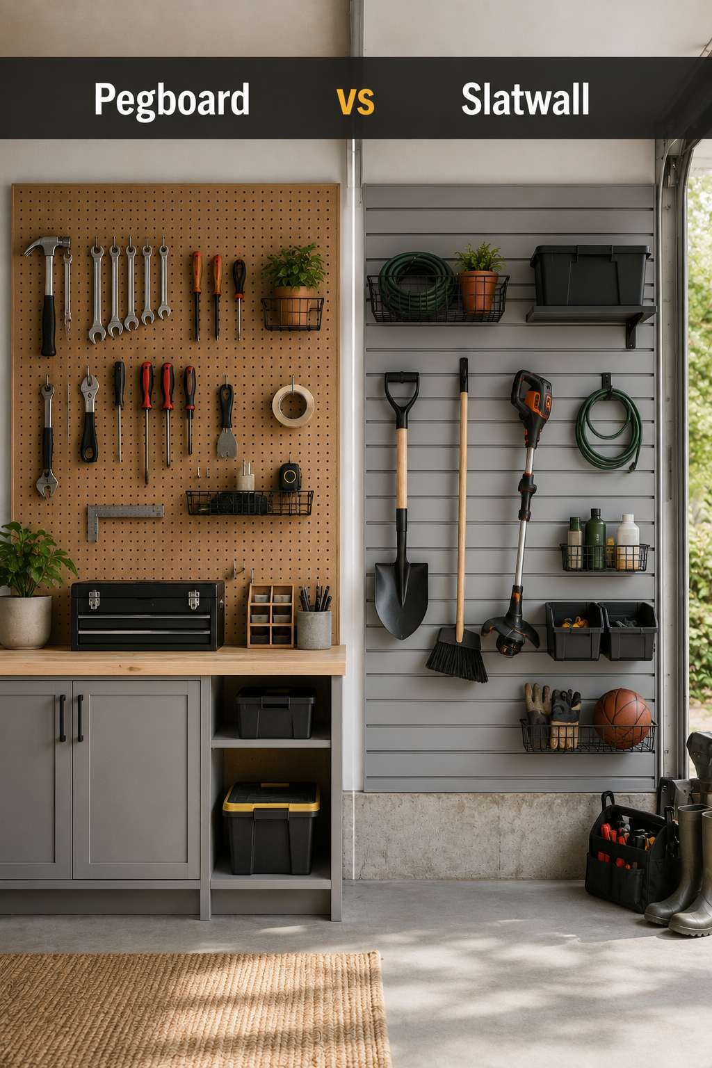 Side-by-side garage wall comparing a pegboard tool wall on the left with a slatwall storage system on the right, illustrating the pegboard vs slatwall decision.