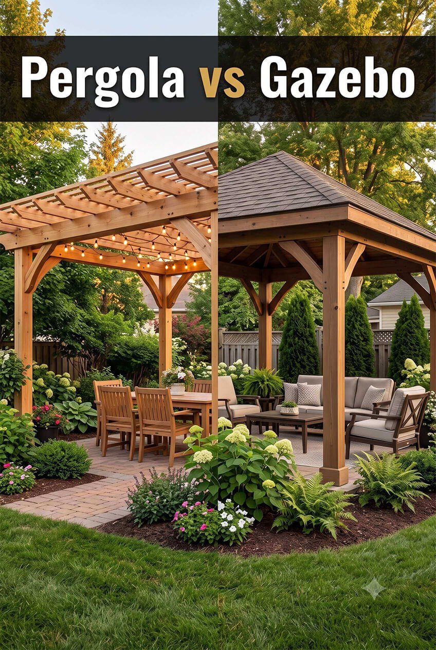 A wooden pergola with string lights on the left and a hardtop gazebo with a shingled roof on the right, illustrating a pergola vs gazebo backyard comparison.
