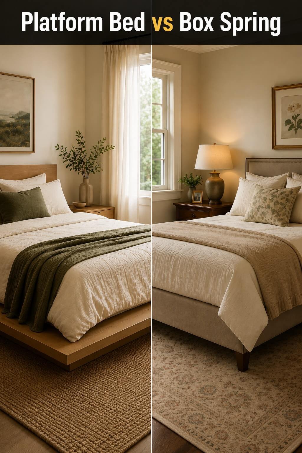 Side-by-side bedroom comparison showing a low-profile platform bed next to a traditional bed frame with a box spring foundation.
