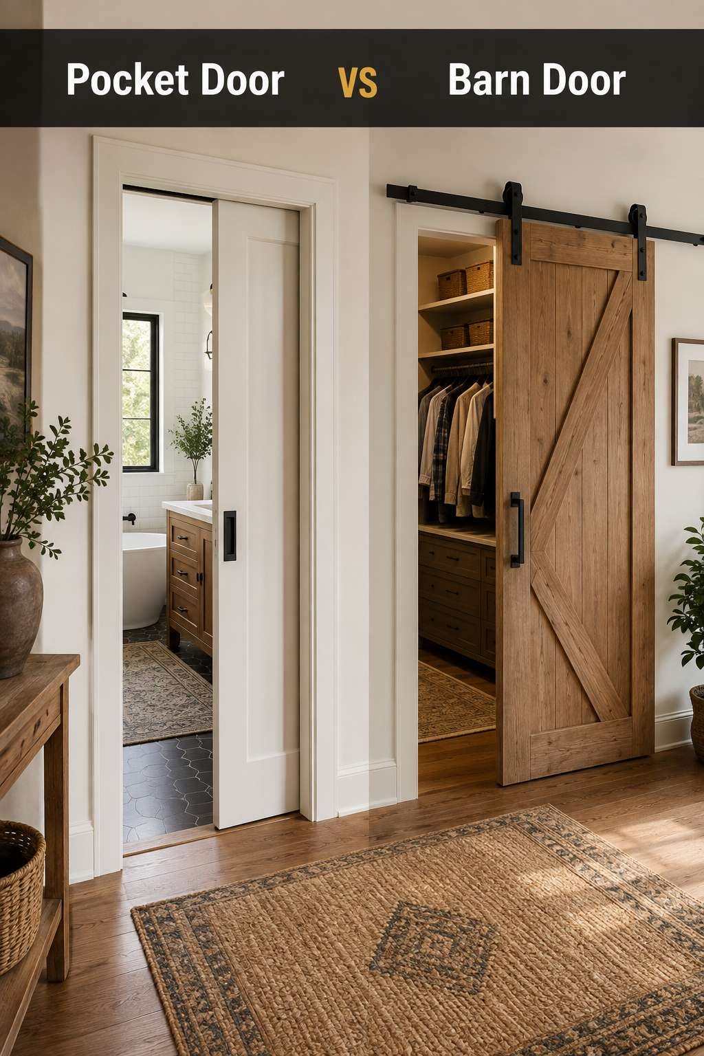 A modern hallway comparing a pocket door slid into the wall on one side with a black-hardware barn door on the other, illustrating the pocket door vs barn door decision.