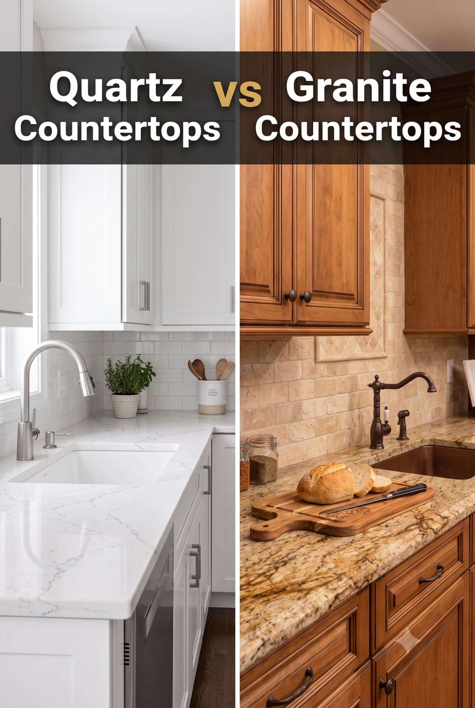 A split-screen image comparing a white-and-gray quartz countertop on the left with a natural-veined granite countertop on the right, illustrating a quartz vs granite countertops comparison.
