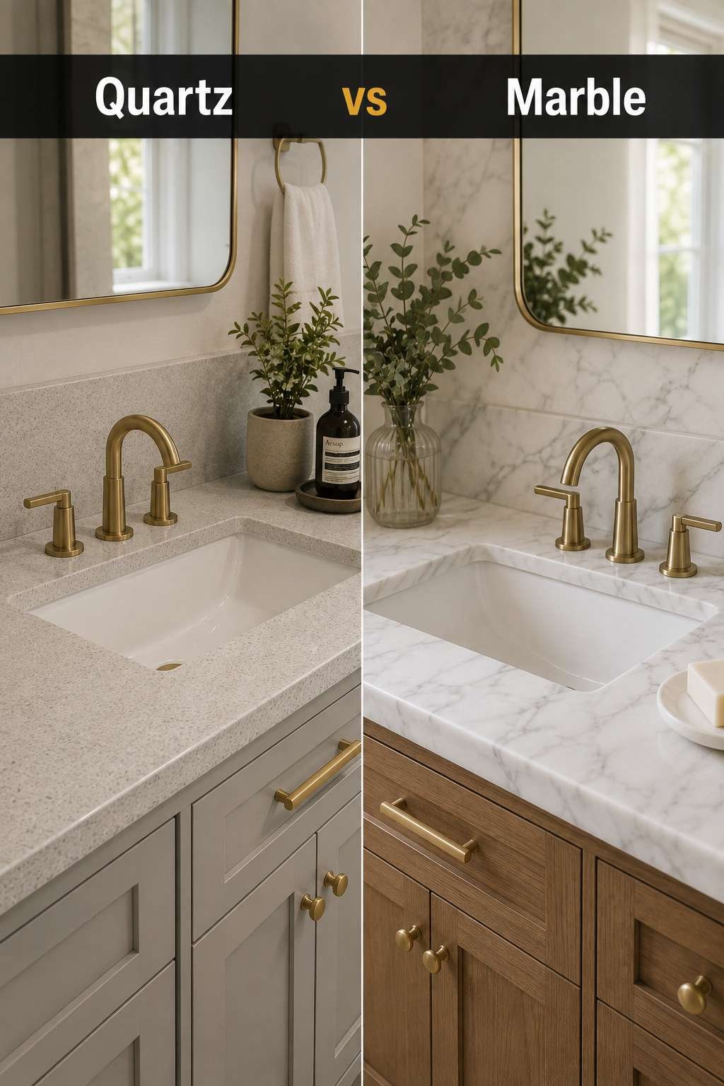 A quartz vanity top on the left and a marble vanity top on the right shown side by side to compare their color and veining for a bathroom remodel.