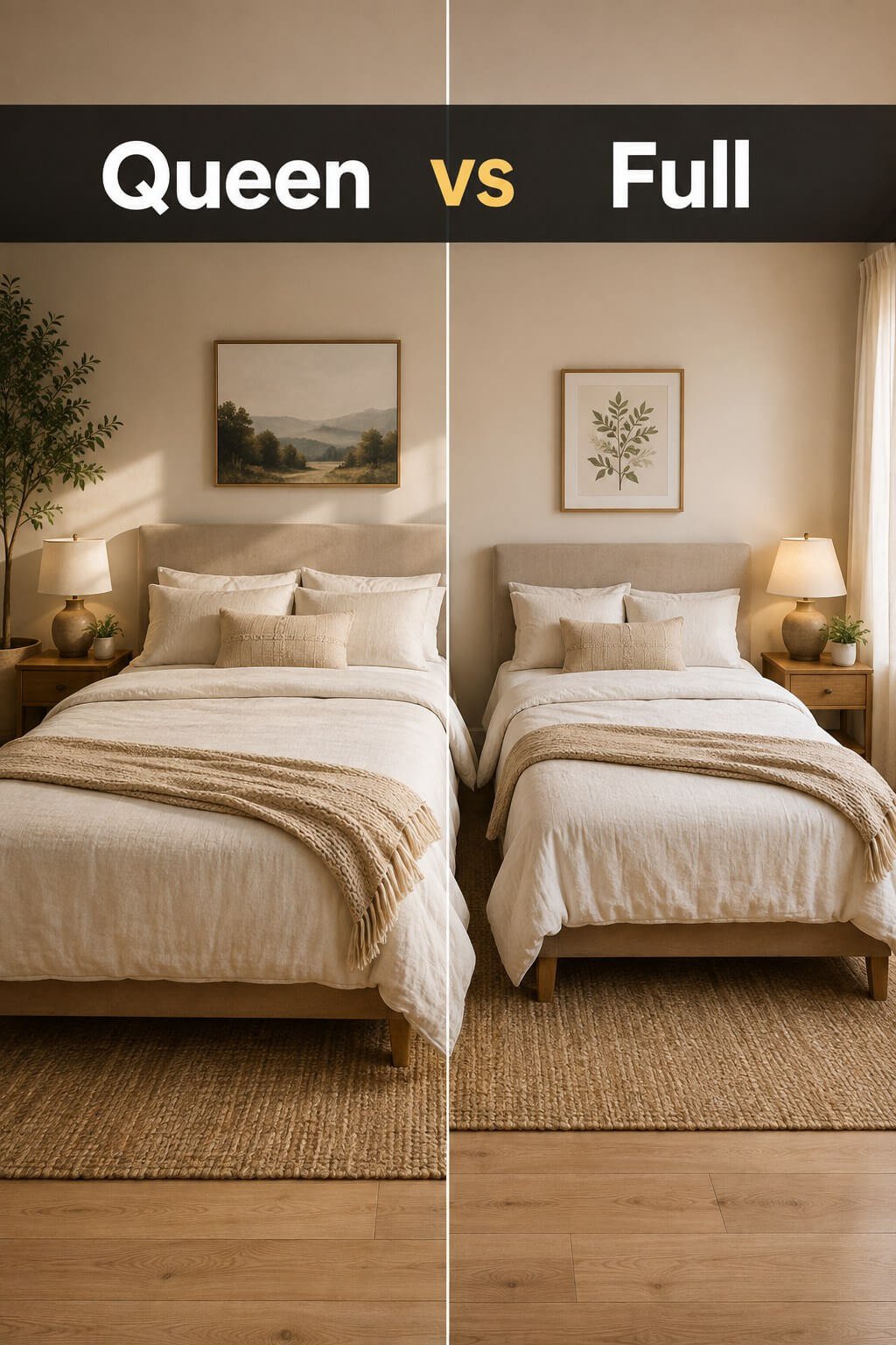 Side-by-side bedroom comparison showing a queen bed and a full bed to illustrate the size difference between queen vs full bed options.