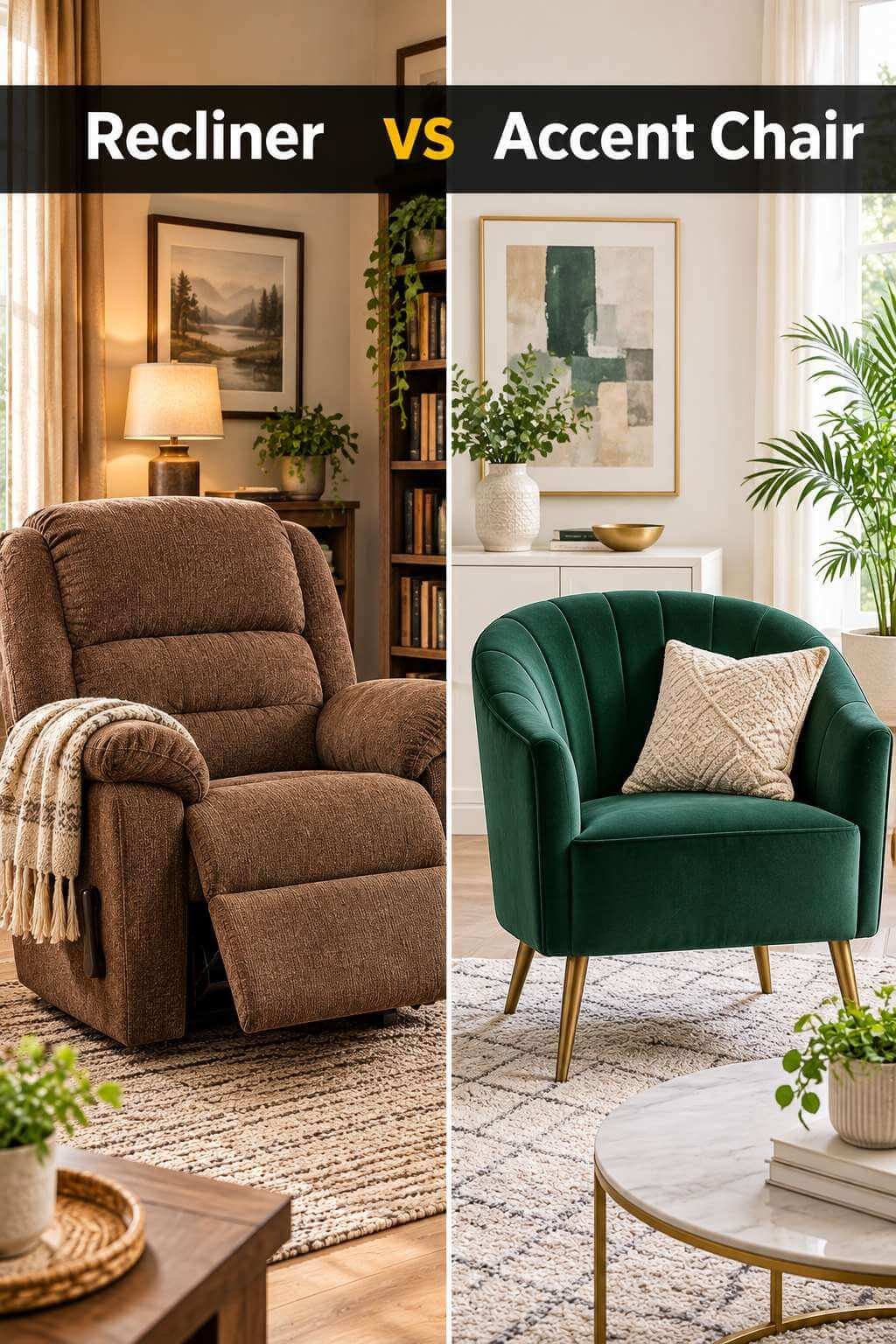 Side-by-side comparison of a brown fabric recliner and a forest-green velvet accent chair for a recliner vs accent chair guide.