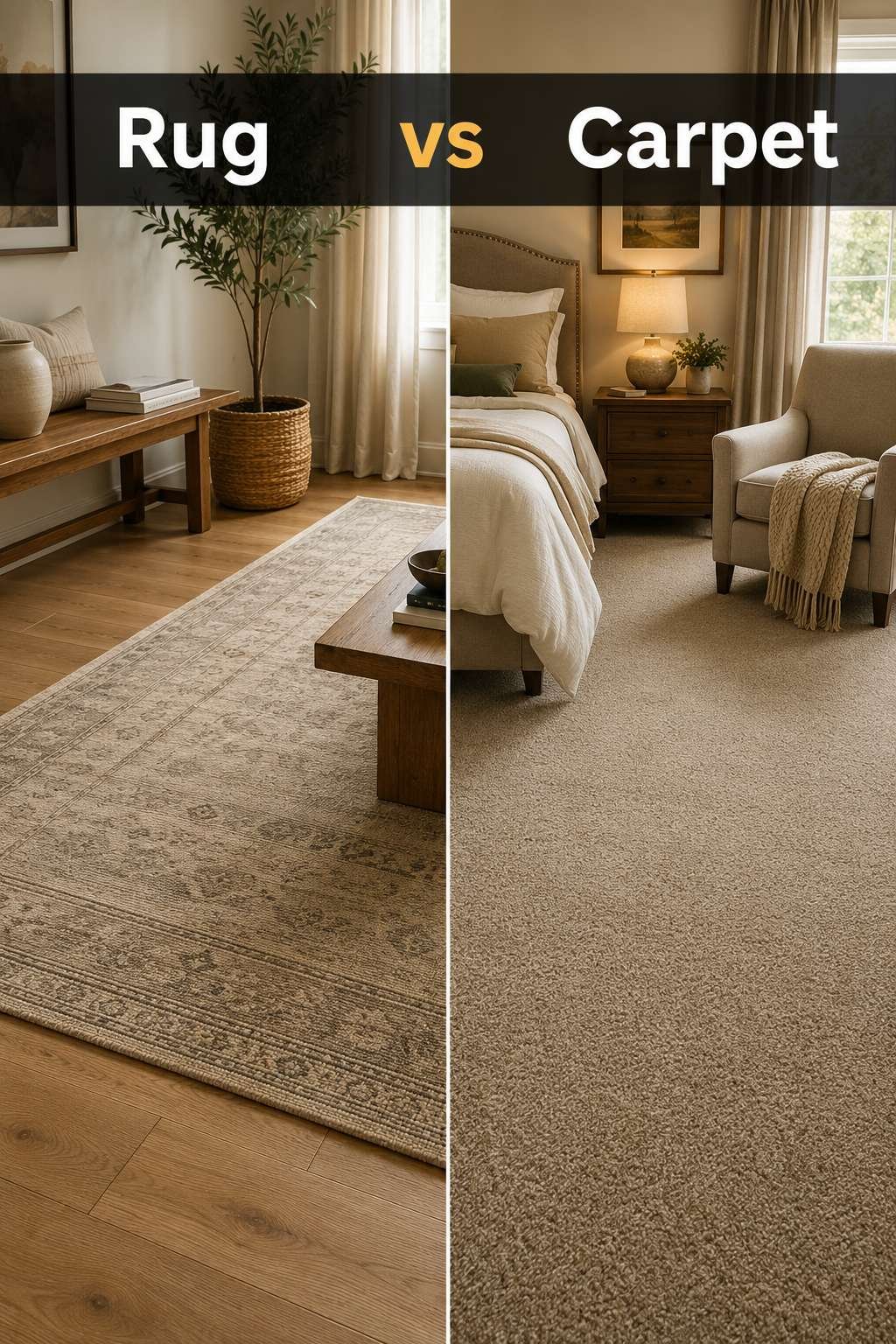 Side-by-side comparison of a neutral area rug over hardwood flooring and plush wall-to-wall carpet in a bedroom, illustrating the rug vs carpet decision.