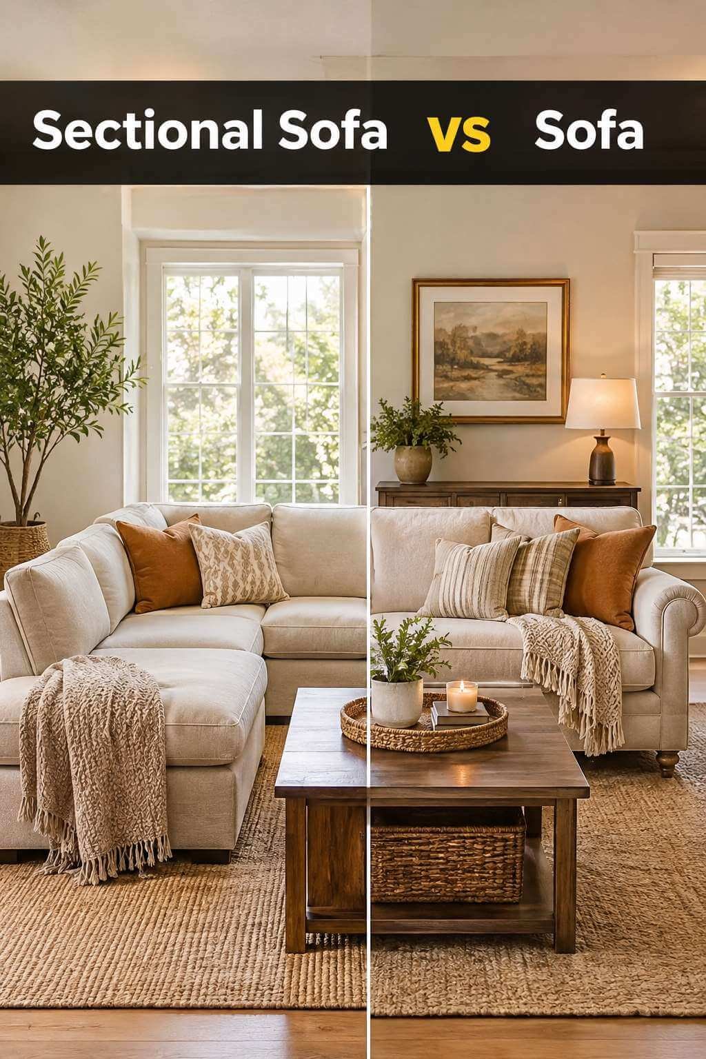 A living room comparing a sectional sofa on one side and a classic sofa on the other, illustrating the choice between sectional sofa vs sofa for a home living space.