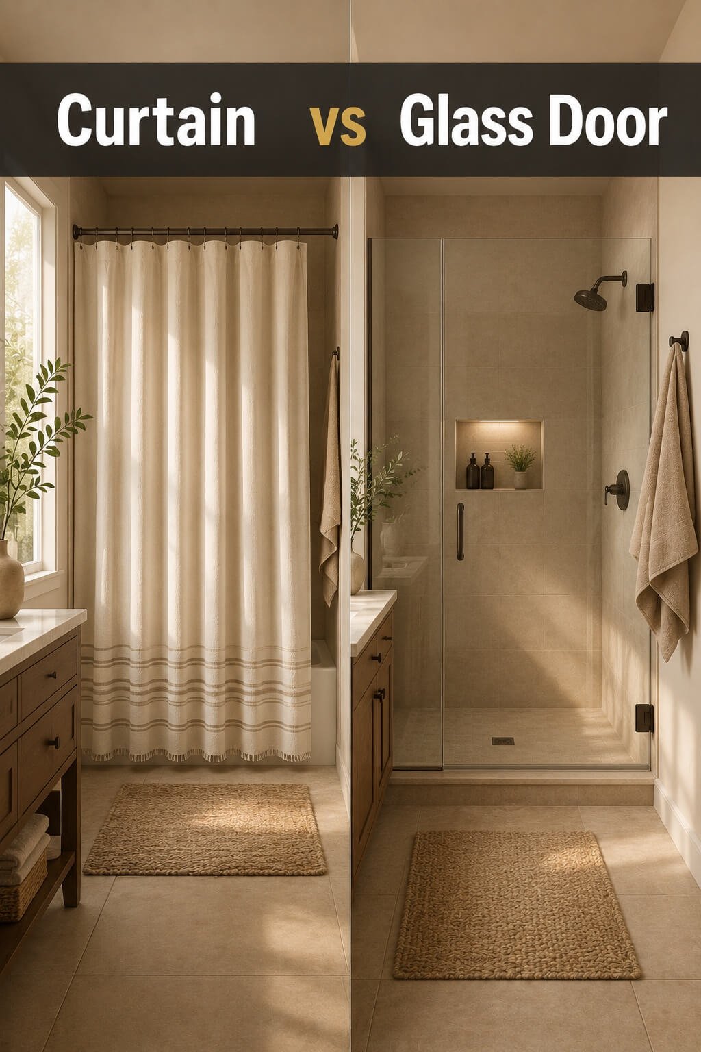 A shower curtain and a frameless glass shower door shown side by side in matching bathroom decor, illustrating the shower curtain vs glass door comparison.