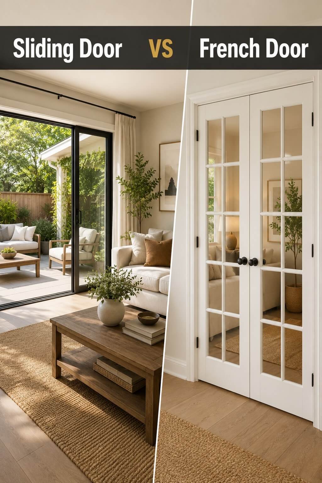 Side-by-side view of a sliding glass door and a French door in a modern living room, illustrating the sliding door vs French door comparison.