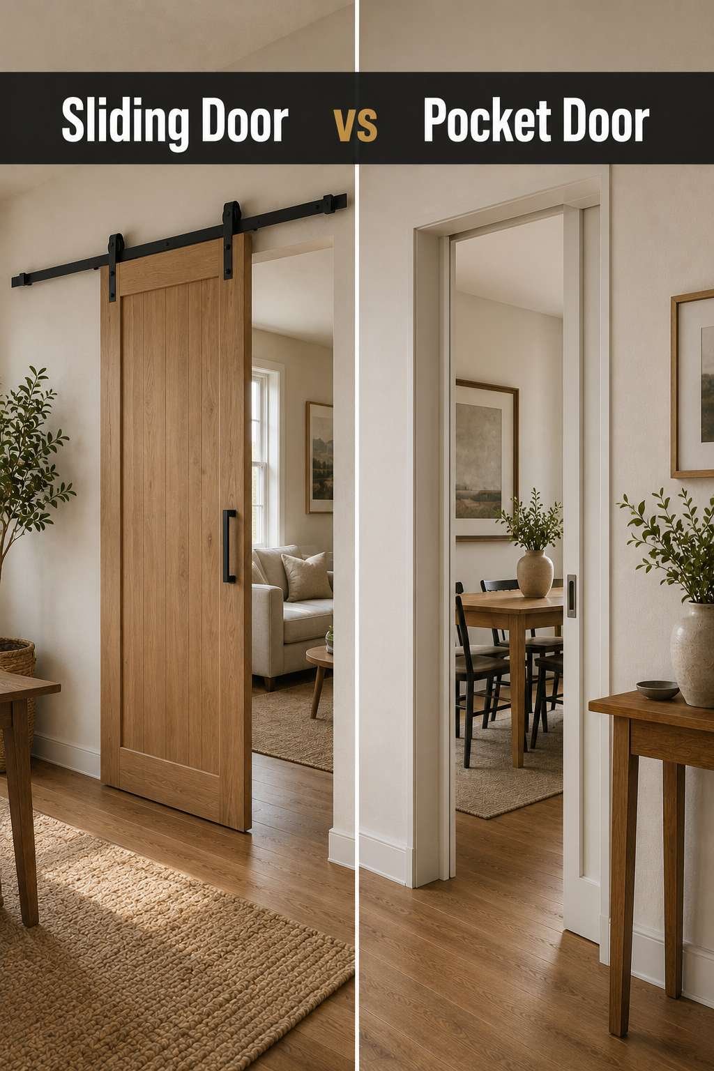 A modern sliding barn-style door and a fully recessed pocket door shown side by side to compare sliding door vs pocket door styles.