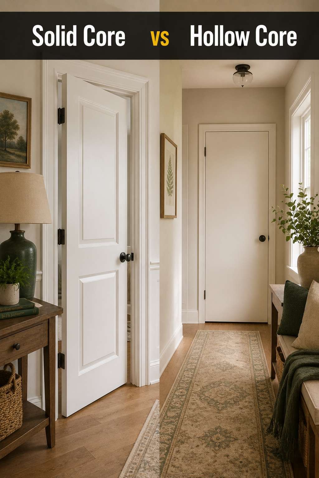 A solid core door and a hollow core door shown side by side in a styled home hallway, comparing their look and setting for the solid core vs hollow core door decision.