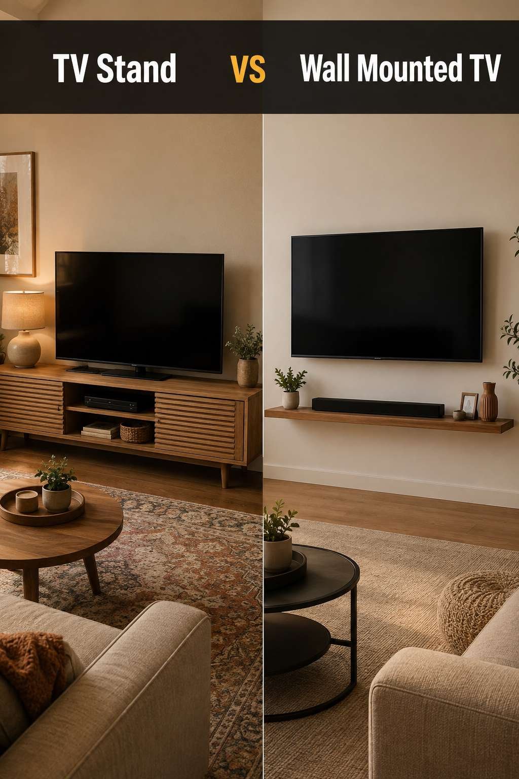 Side-by-side living room comparison showing a TV stand versus a wall mounted TV setup.