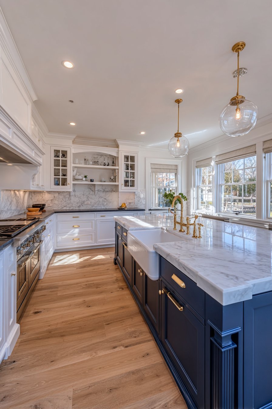 Timeless kitchen with white cabinets, navy turned-leg island, marble backsplash, brass faucet and white oak floor