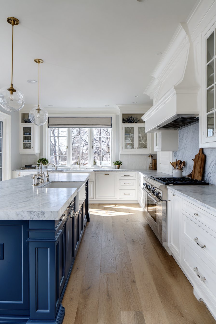 Timeless kitchen with white cabinets, navy turned-leg island, marble backsplash, brass faucet and white oak floor