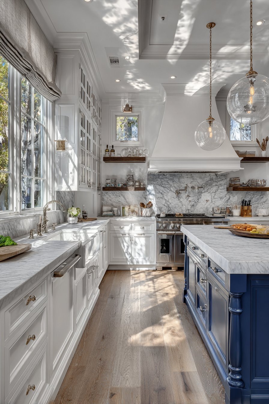 Timeless kitchen with white cabinets, navy turned-leg island, marble backsplash, brass faucet and white oak floor