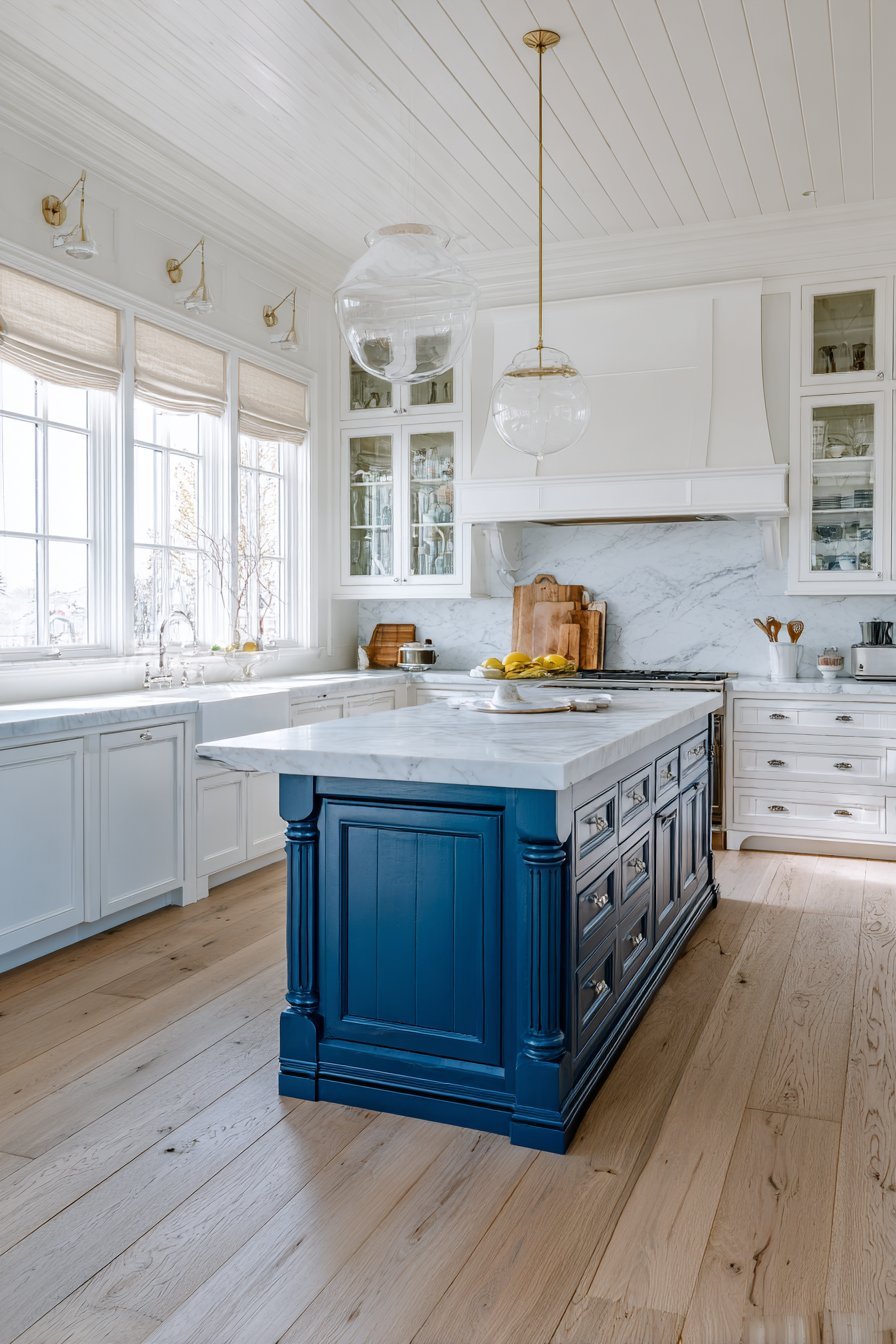 Timeless kitchen with white cabinets, navy turned-leg island, marble backsplash, brass faucet and white oak floor
