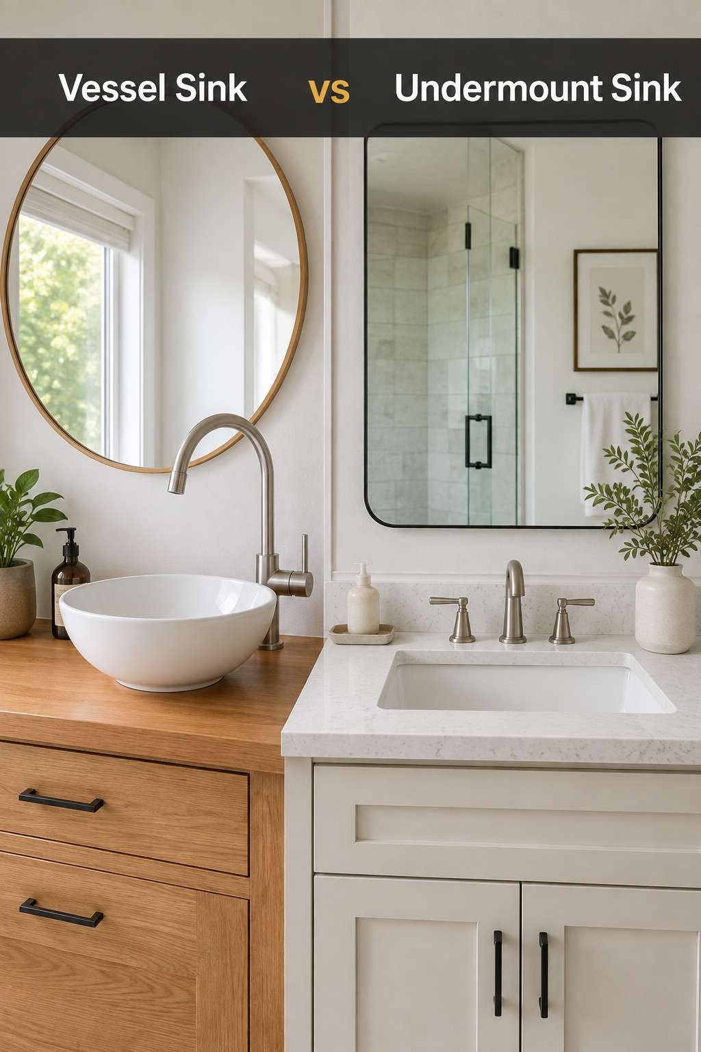 A modern bathroom vanity comparing a round vessel sink on the left with a flush undermount sink on the right, illustrating the vessel sink vs undermount sink decision.