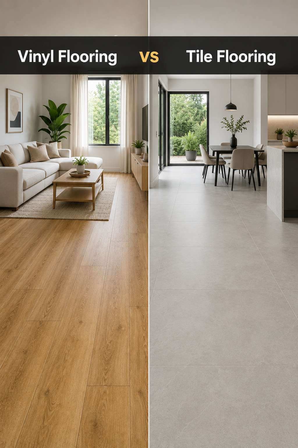 A split-screen comparison of warm vinyl plank flooring beside light gray tile flooring in a bright modern room, illustrating vinyl flooring vs tile flooring.
