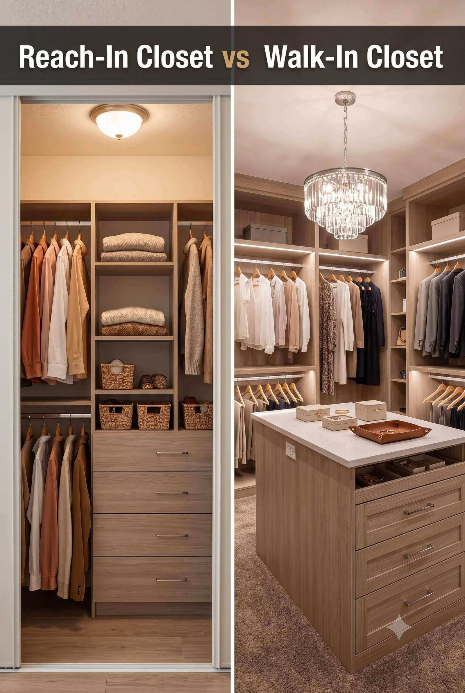 Side-by-side comparison of a walk-in closet and a reach-in closet showing the size and storage differences between the two closet types.
