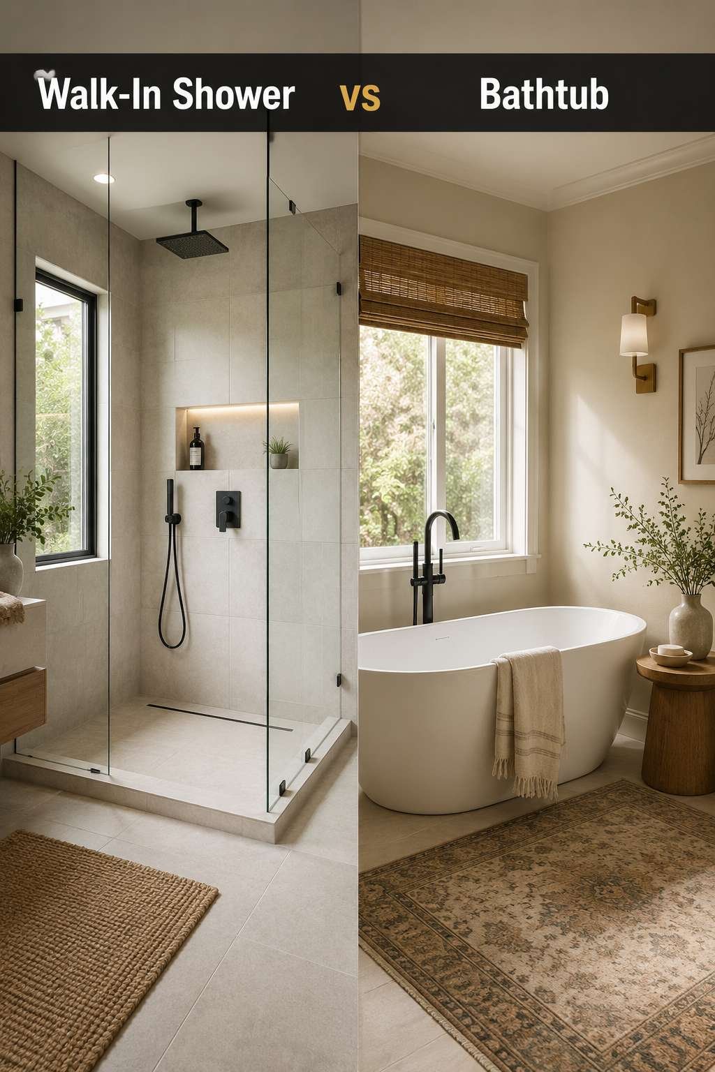 A split-screen comparison of a modern walk-in shower and a freestanding bathtub, illustrating the walk-in shower vs bathtub decision for a bathroom renovation.