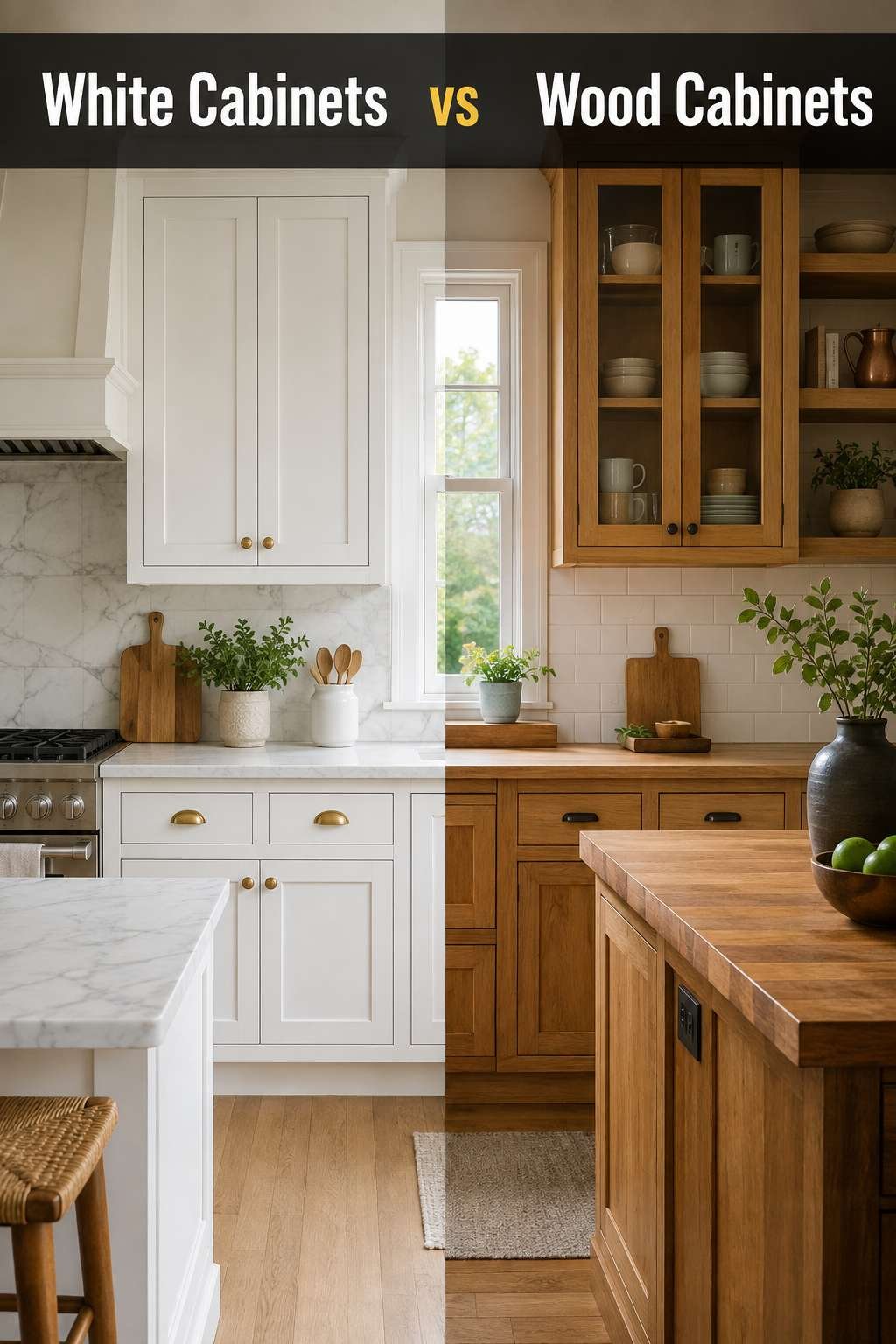 A bright white Shaker kitchen beside a warm wood cabinet kitchen, illustrating the white cabinets vs wood cabinets comparison.