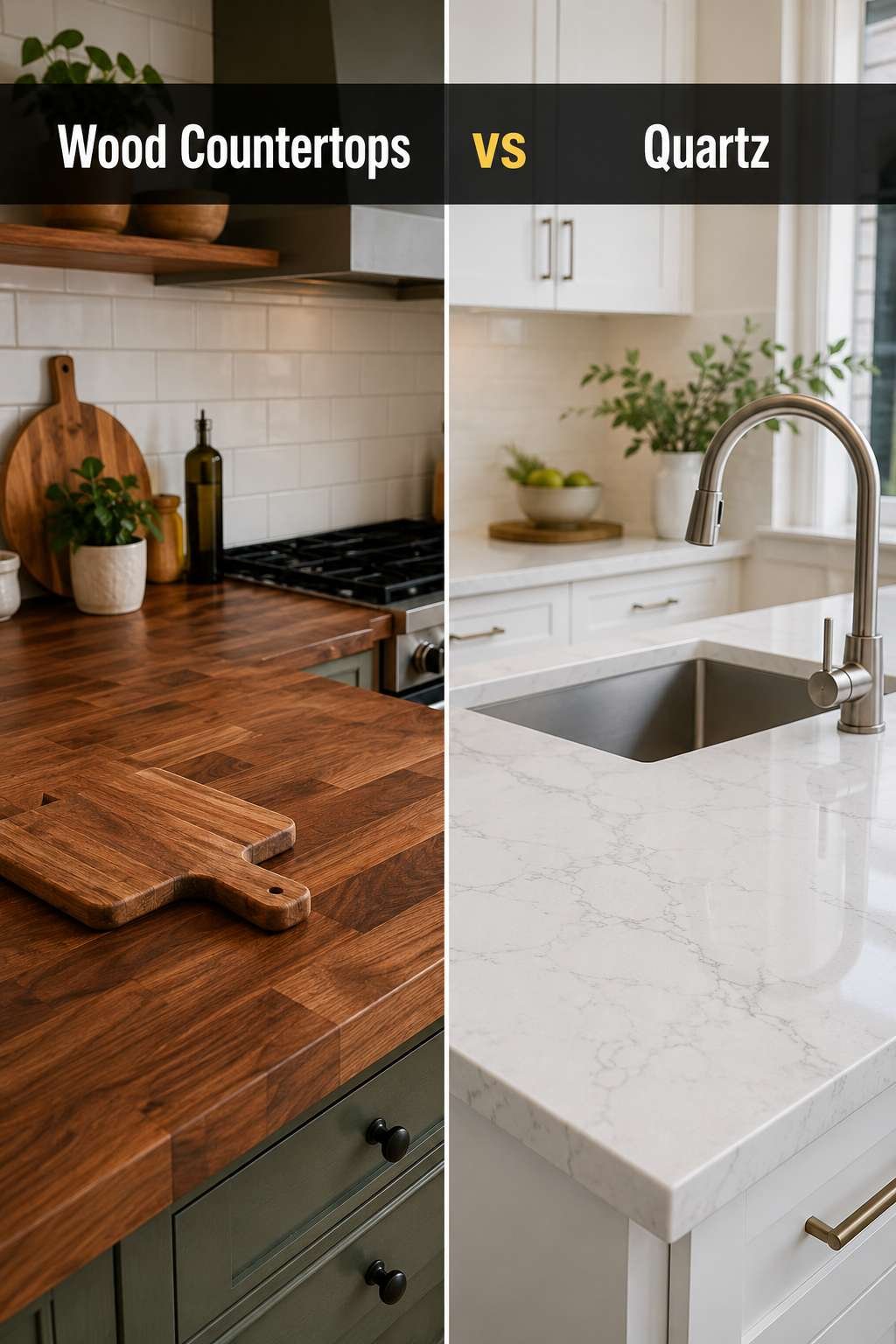 A modern kitchen split in half showing a warm wood countertop on one side and a polished quartz countertop on the other, illustrating the choice between wood countertops vs quartz.