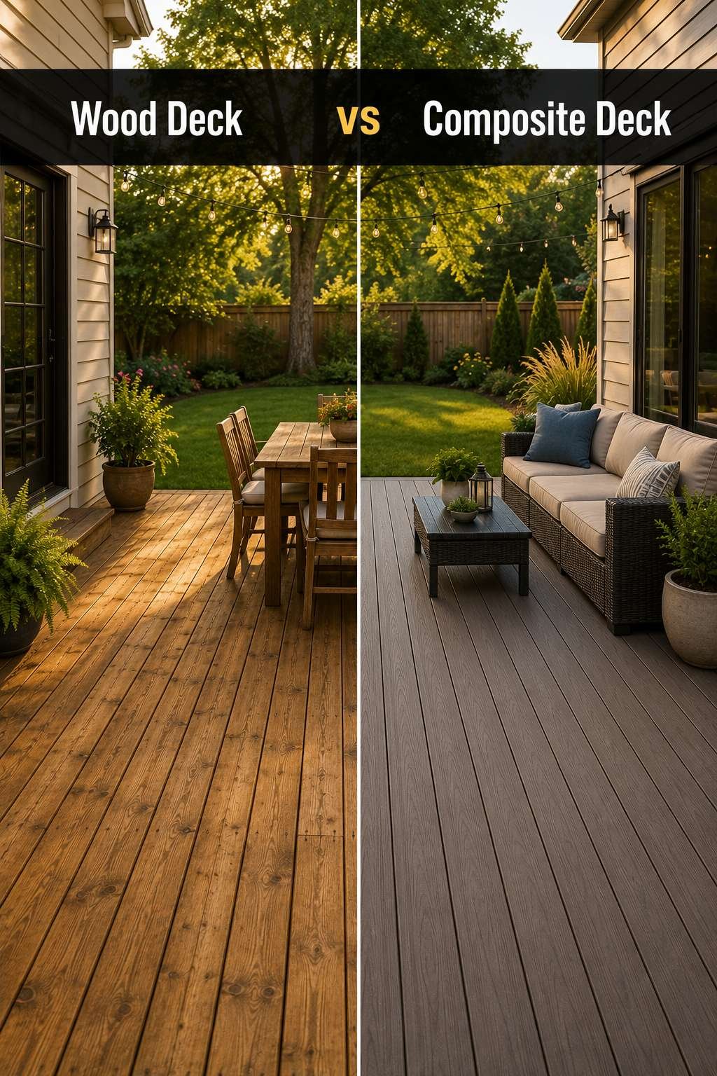 A split-screen comparison of a warm wood deck and a modern composite deck, illustrating the wood deck vs composite deck decision.