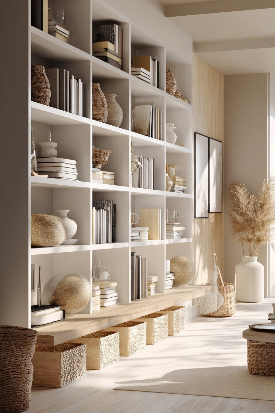 Floor-to-ceiling white built-in shelving with oak accents, adjustable shelves, baskets and closed lower cabinets