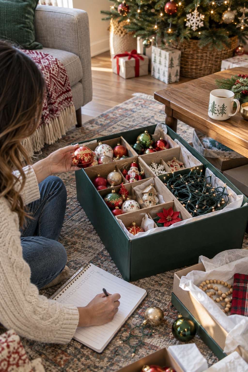 Inventorying Christmas decorations before setting up