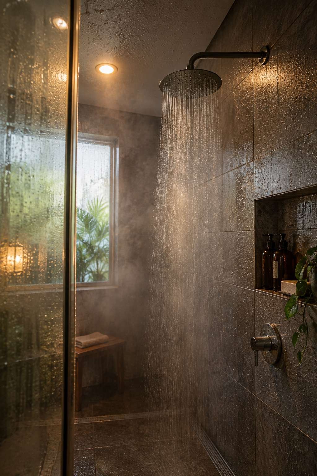 Condensation and steam building up on bathroom tile and ceiling