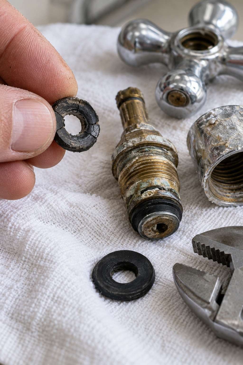 Worn washer and mineral buildup causing a faucet to drip