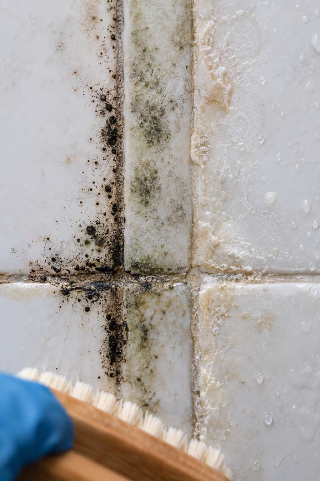 Comparing mold, mildew, and soap scum on bathroom grout