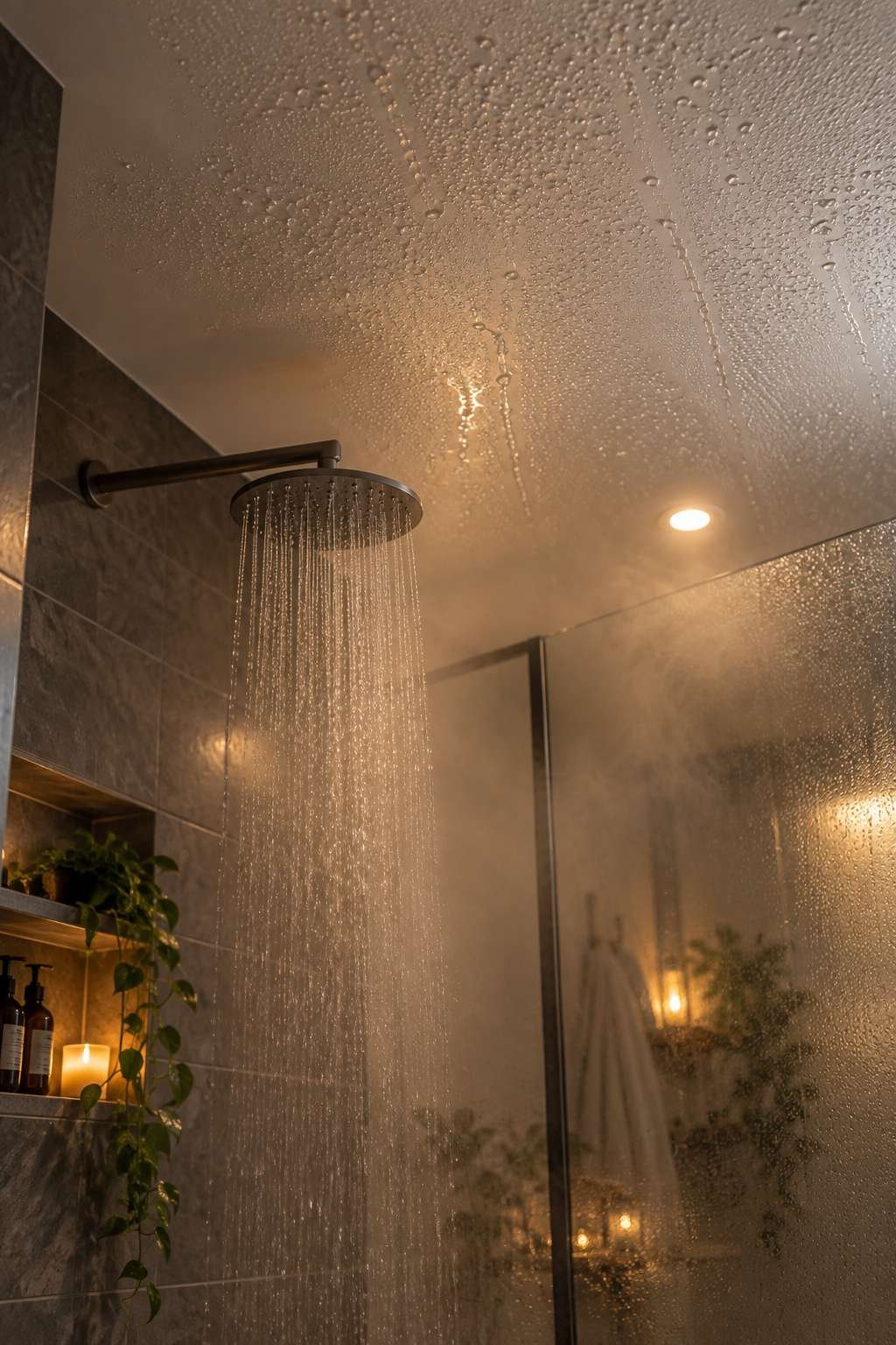 Steam and condensation forming on a bathroom ceiling above a shower