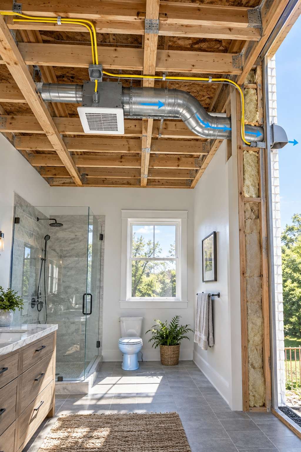 Overview of ductwork and wiring path for a bathroom fan installation