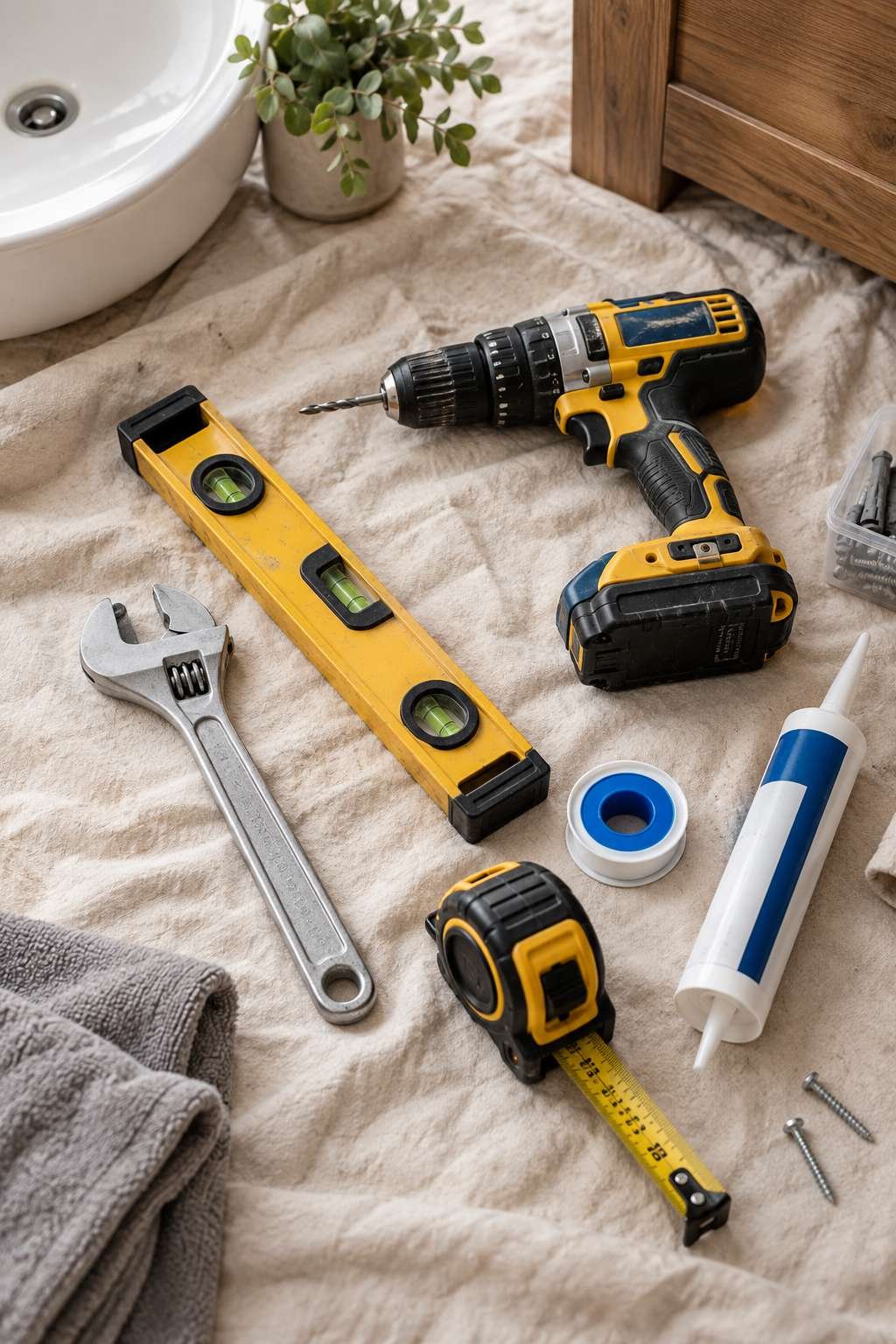 Flat lay of tools needed to install a bathroom vanity, including wrench and drill