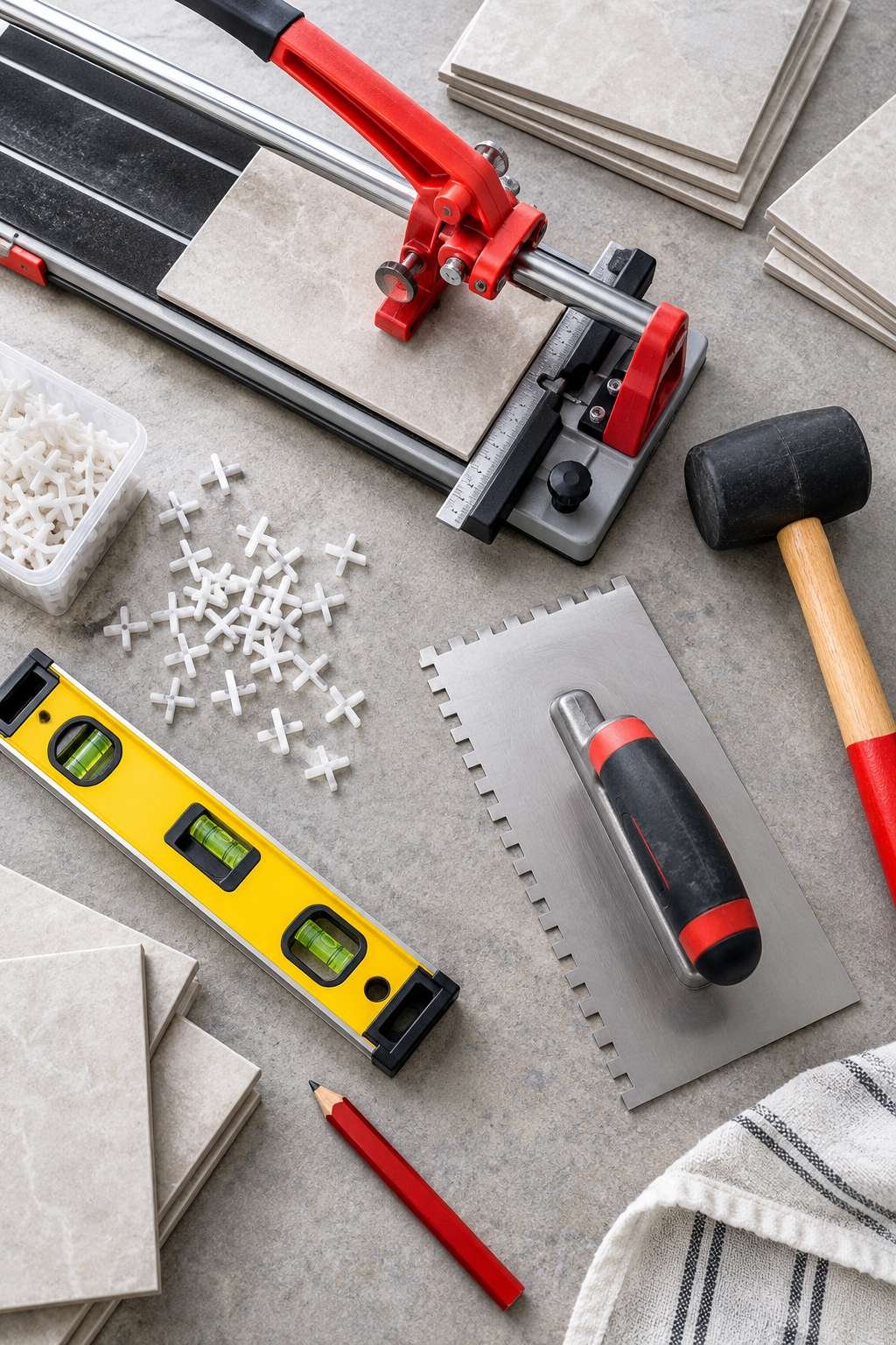 Tools laid out for laying bathroom tile