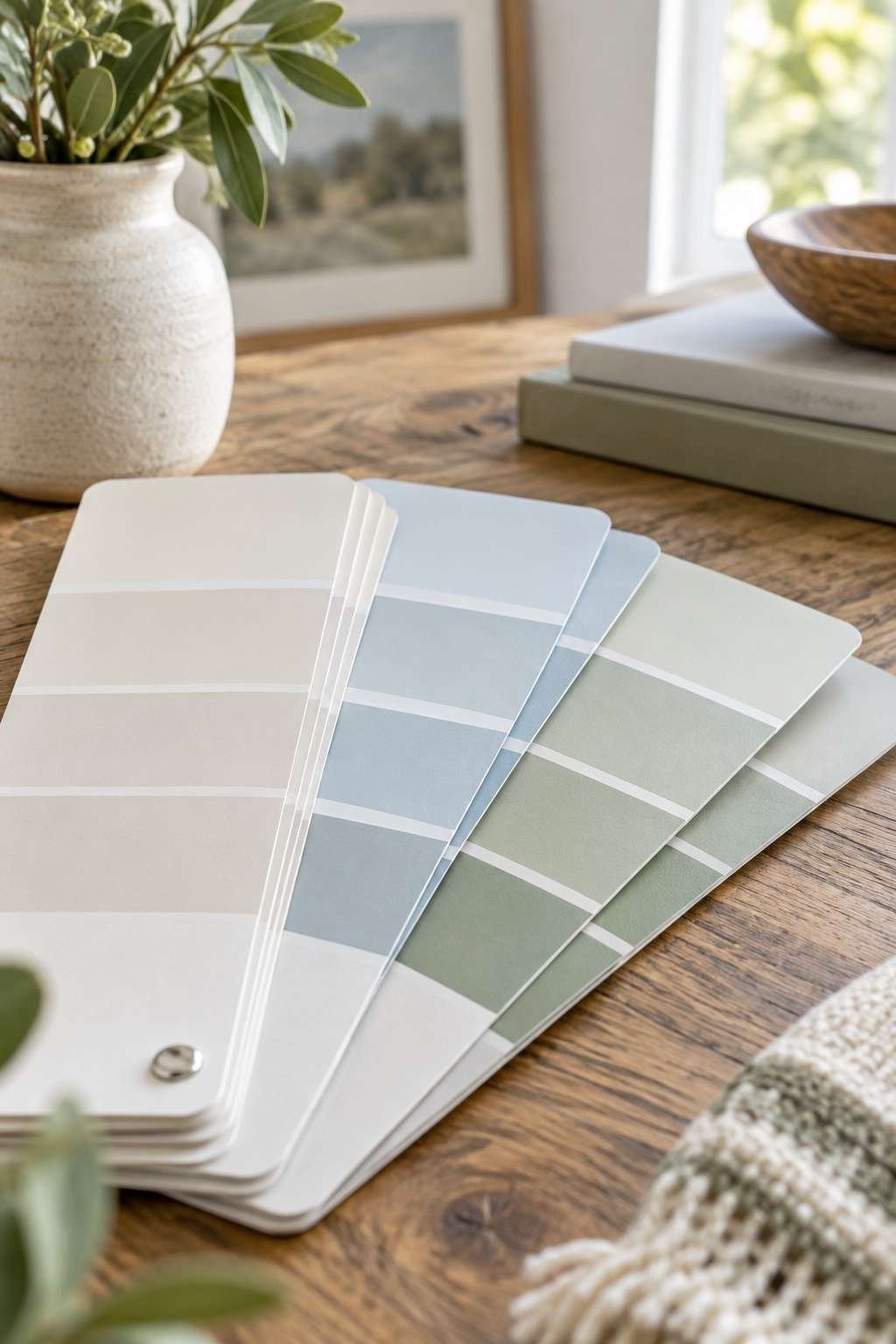 Paint swatches in light cool colors used to make a room look bigger
