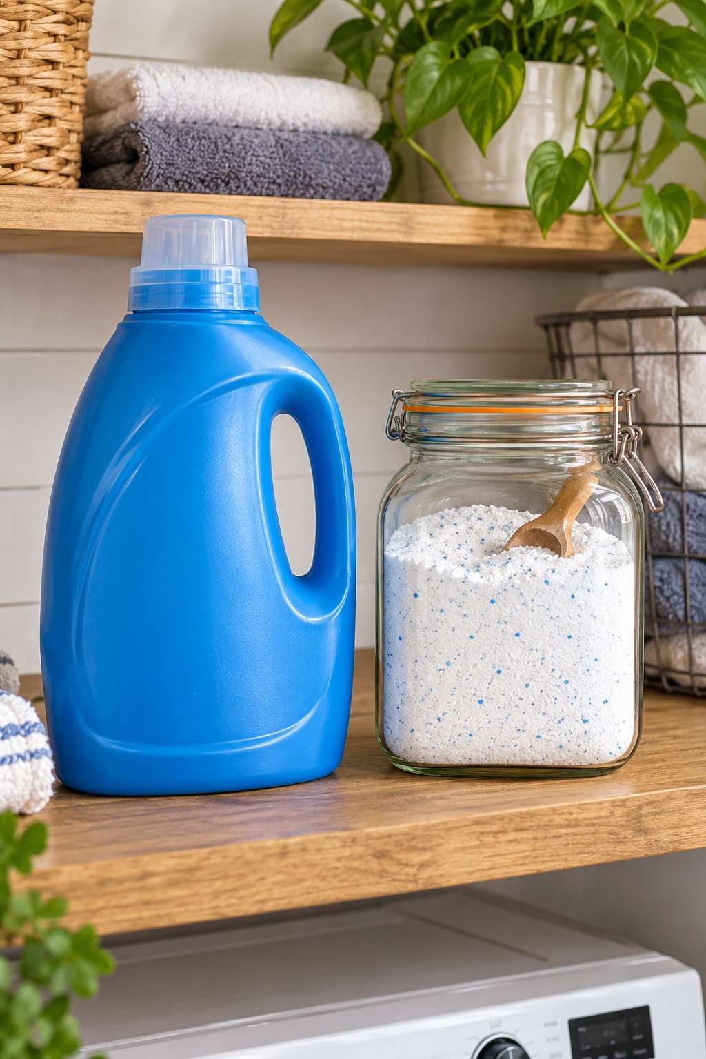 Store-bought detergent bottle beside homemade detergent jar for comparison