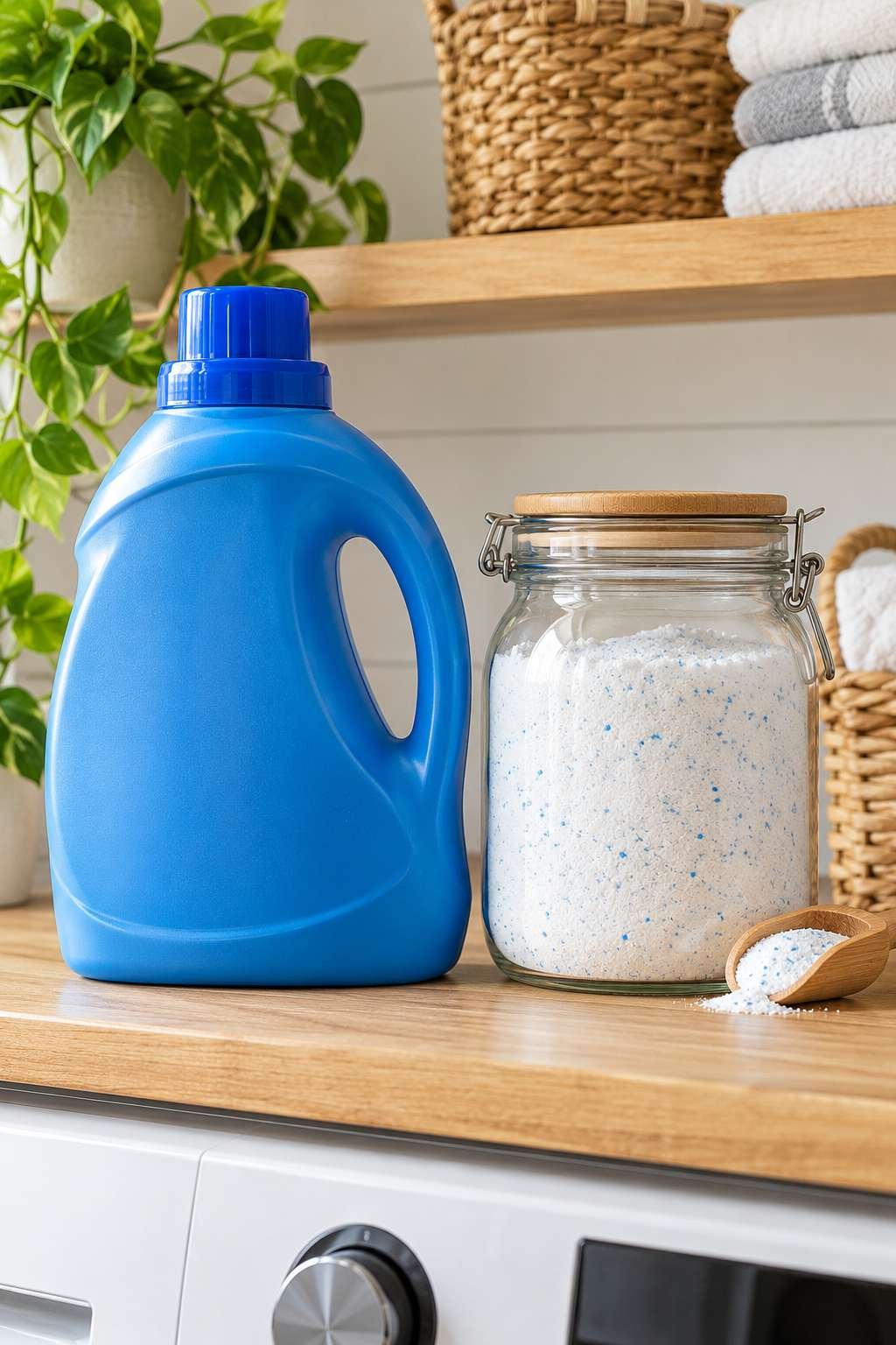 Store-bought detergent jug next to homemade laundry soap jar for comparison