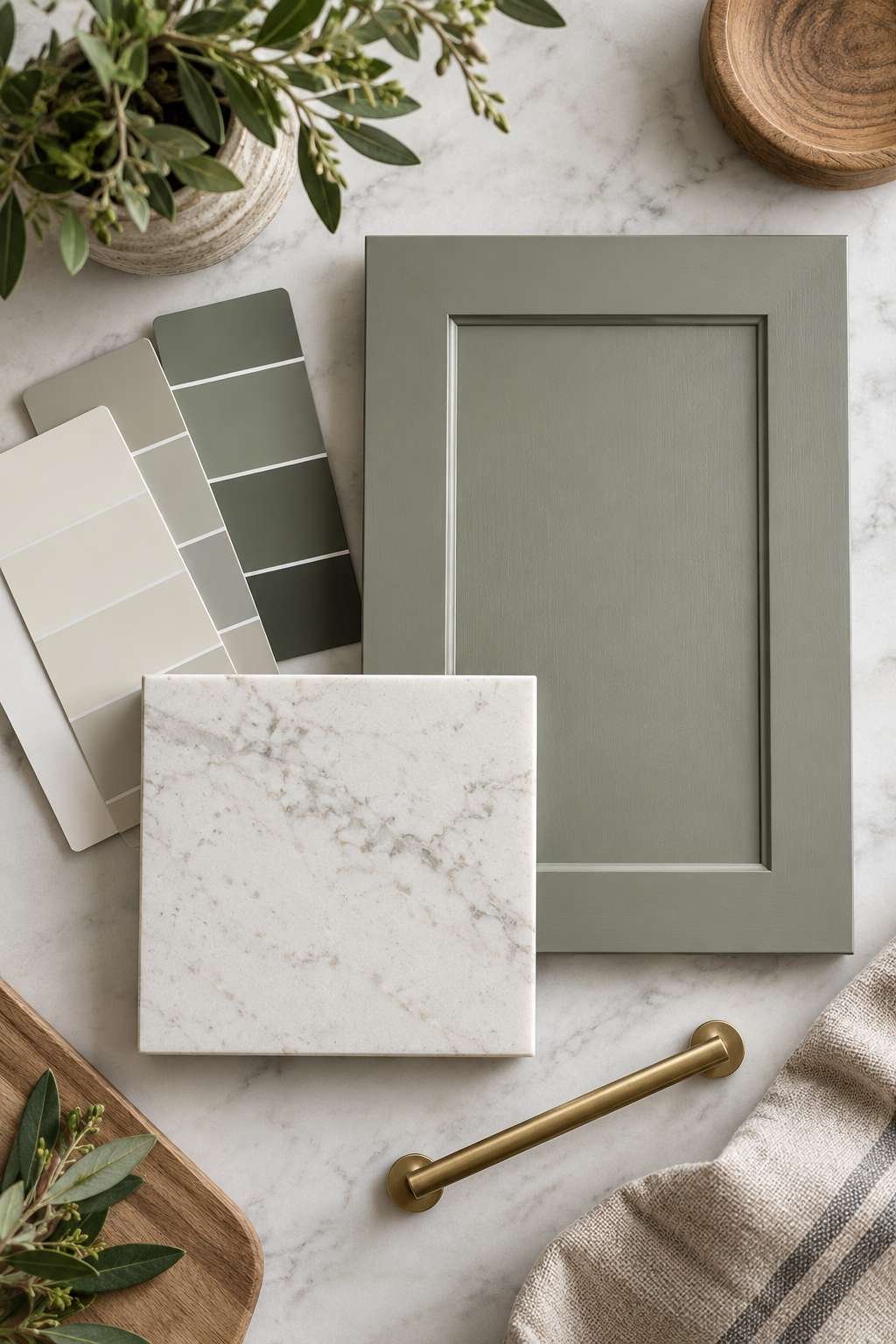 Paint chips and cabinet samples used to plan a kitchen's color palette