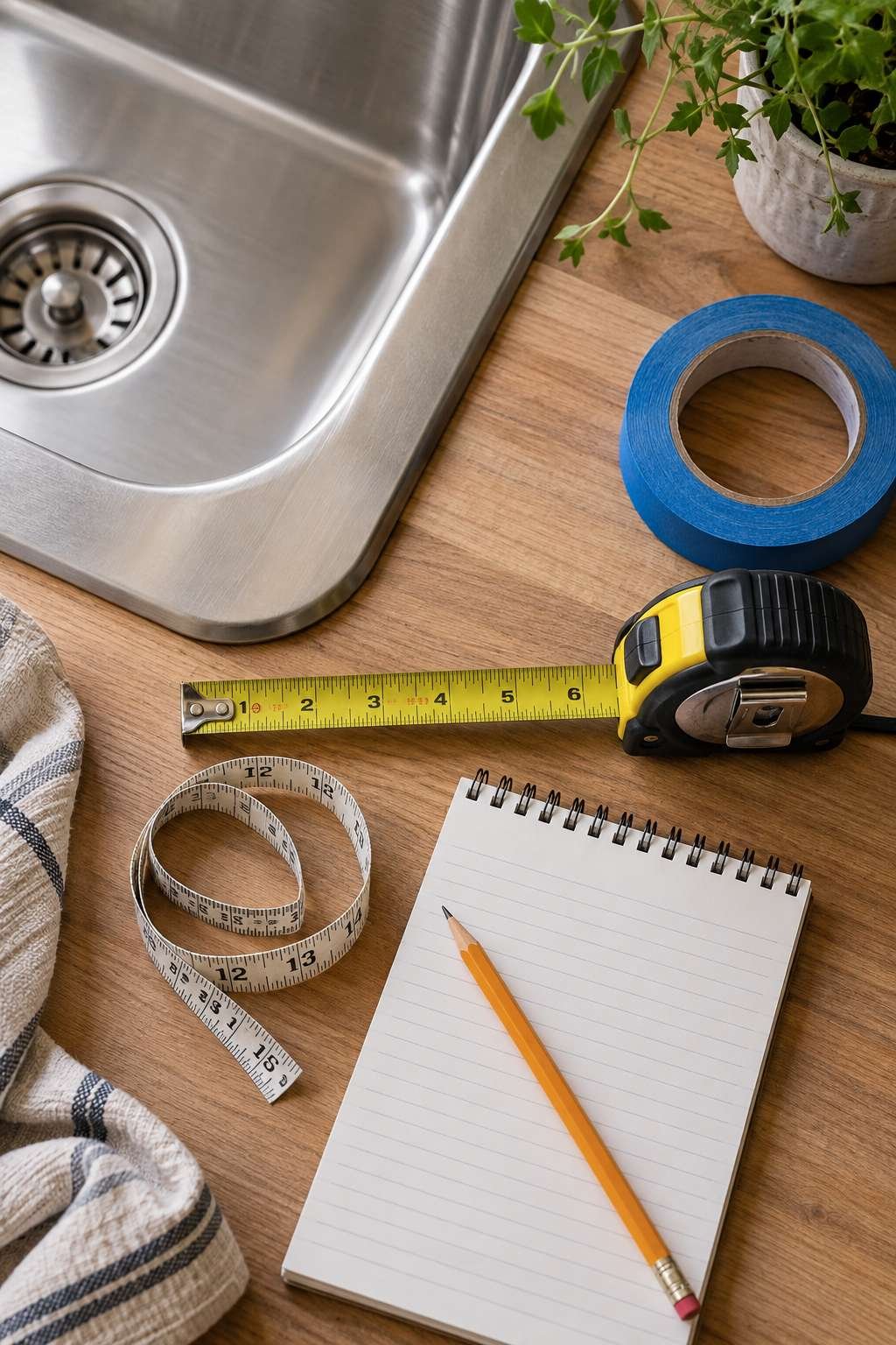 Flat lay of tools needed to measure a kitchen sink