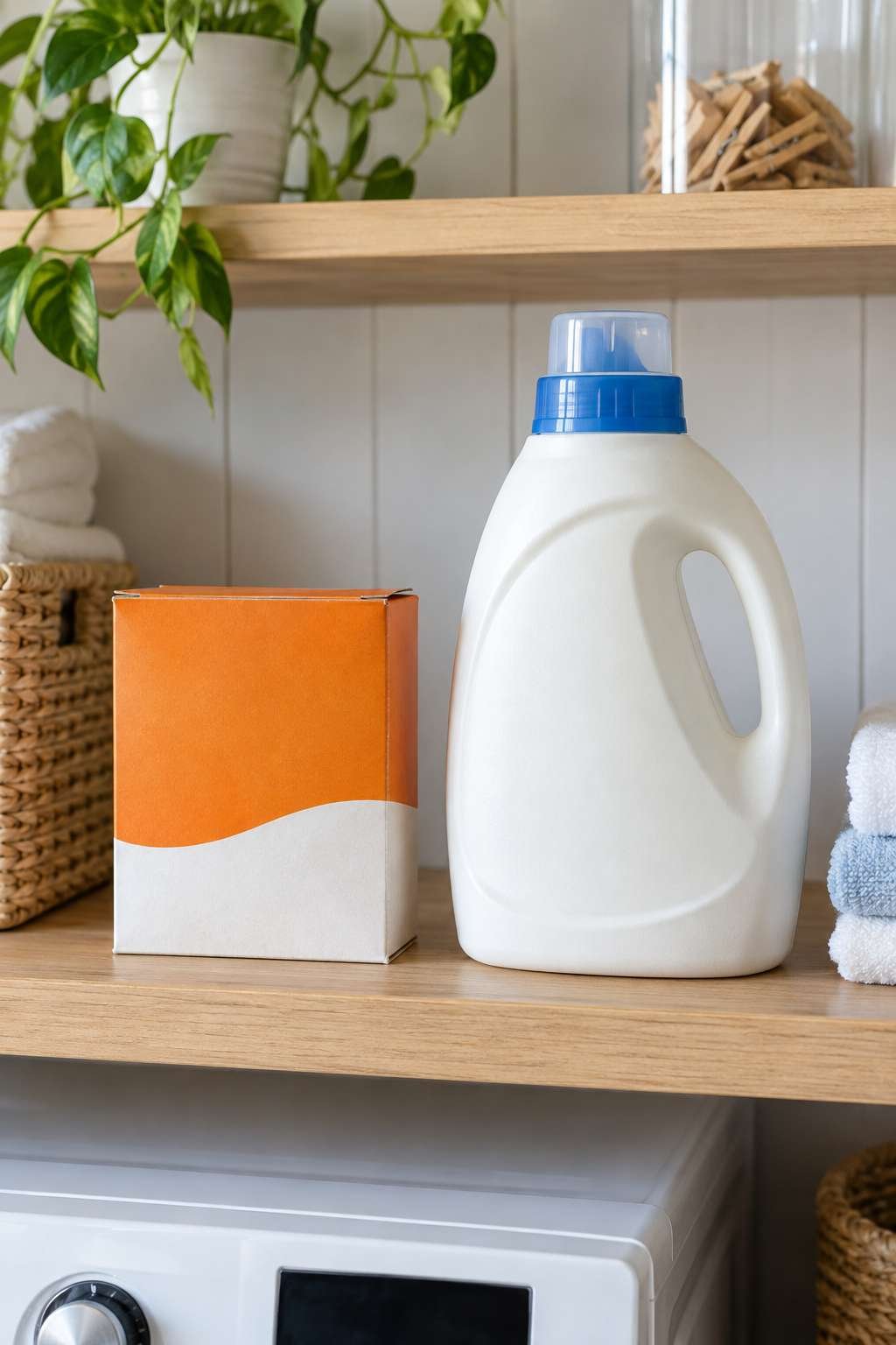 Baking soda box beside laundry detergent on a shelf