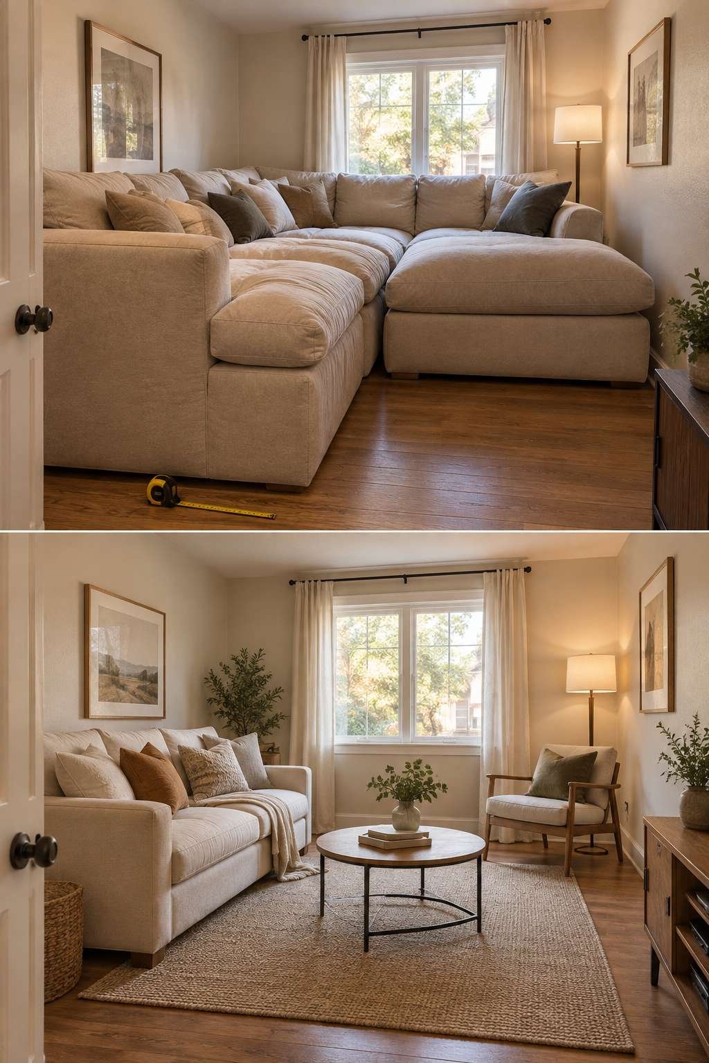 Oversized sofa crowding a small living room that wasn't measured first
