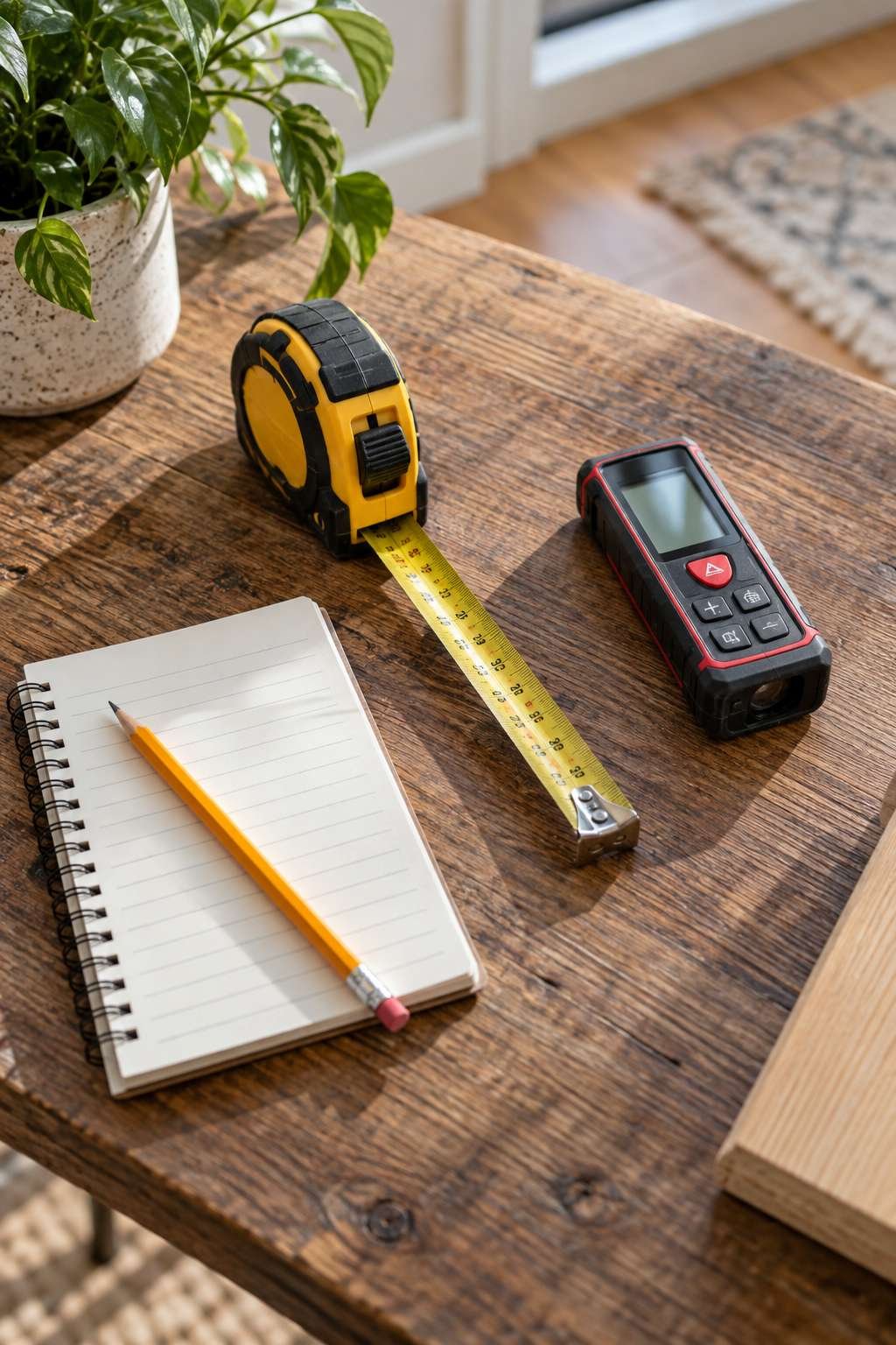 Flat lay of tape measure, laser tool, and notepad for measuring a room