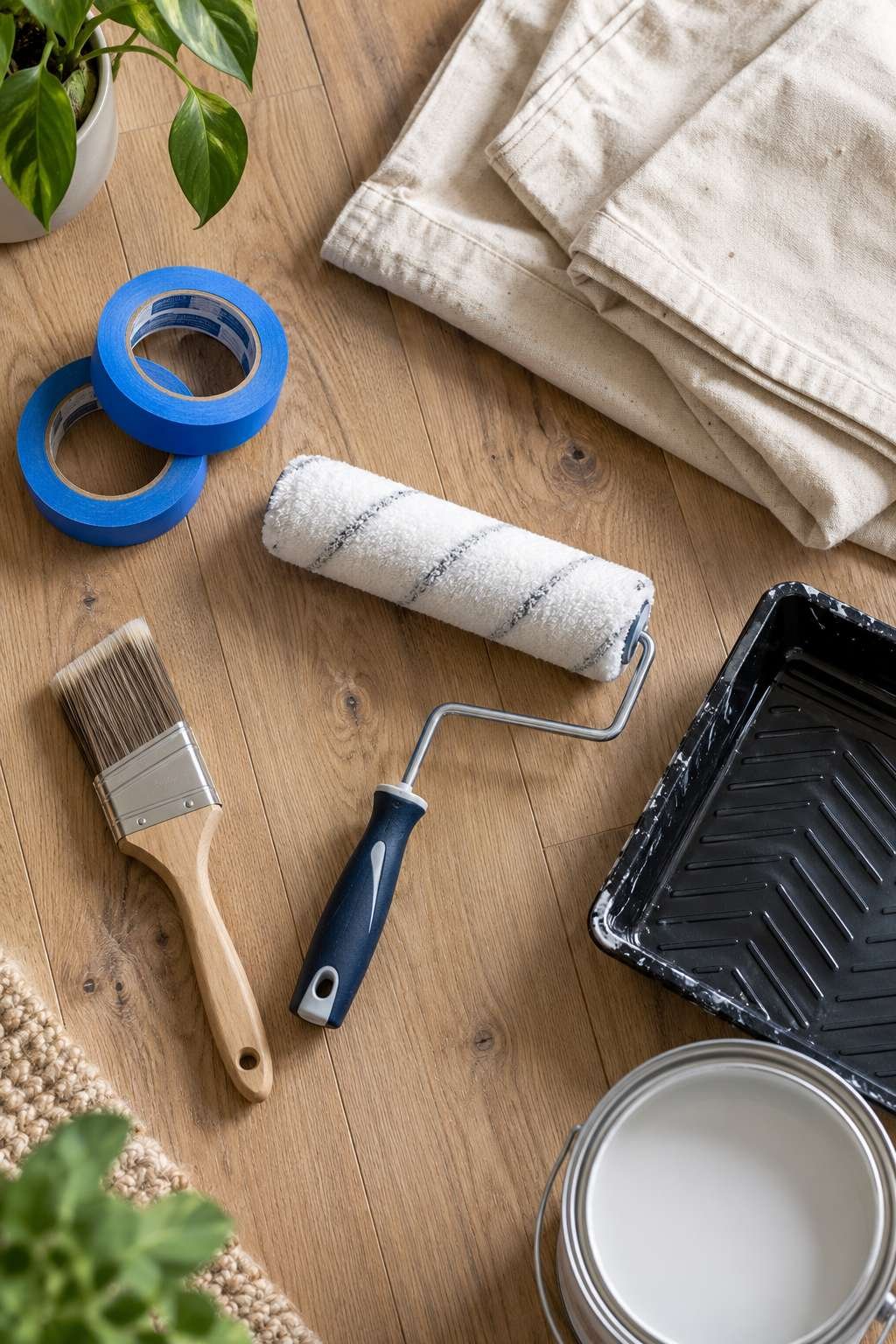 Flat lay of painting tools and supplies needed to paint a bedroom