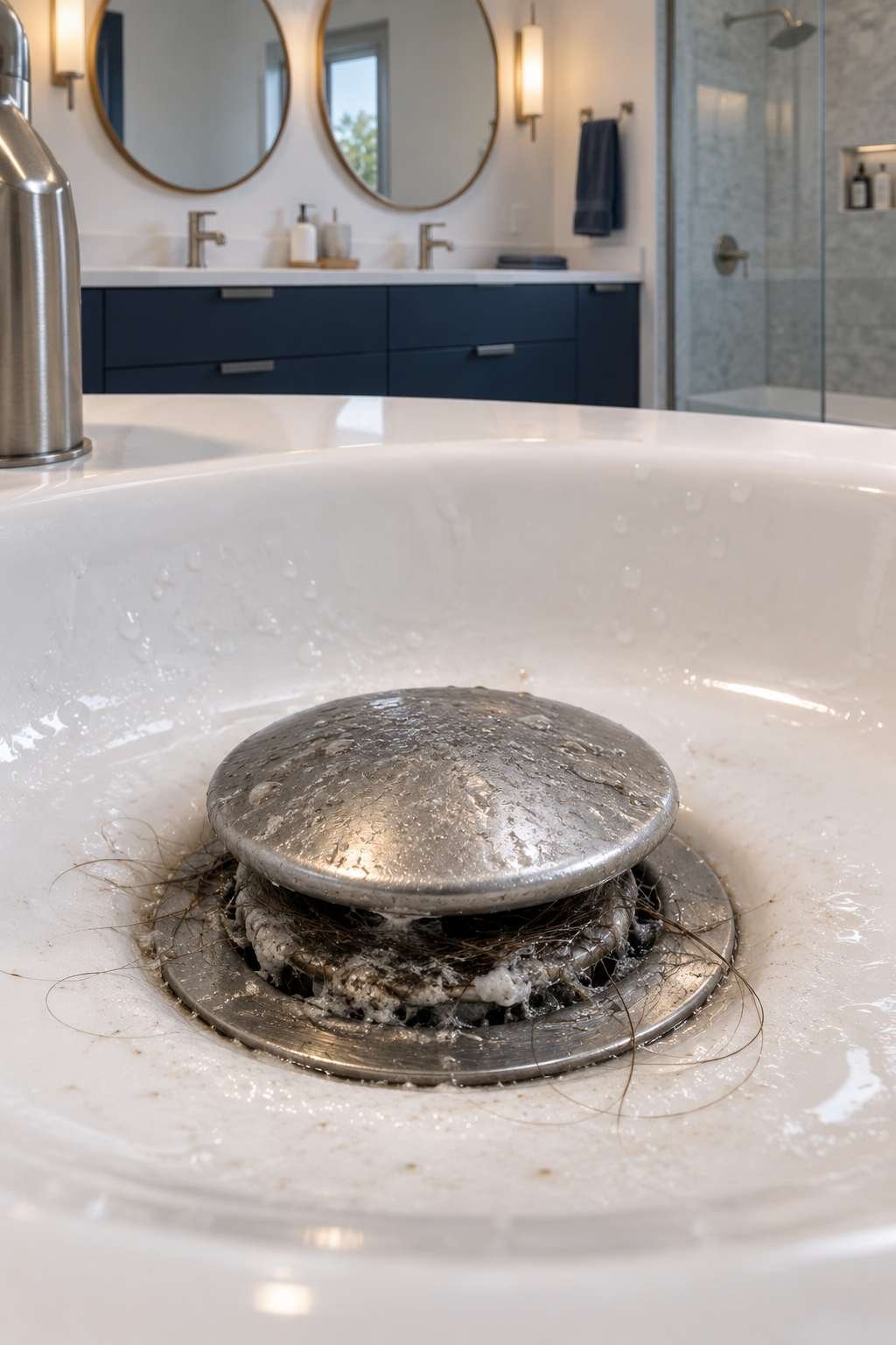 Bathroom sink stopper with hair and grime buildup around its base