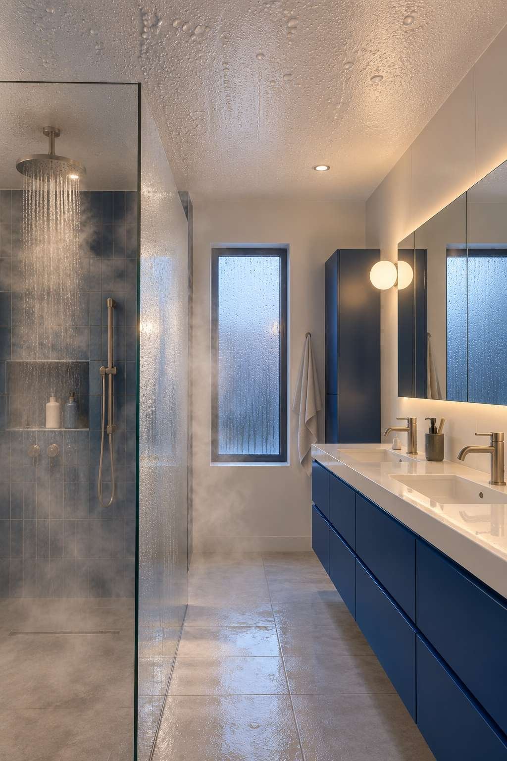 Steam and condensation forming on a bathroom ceiling above a shower
