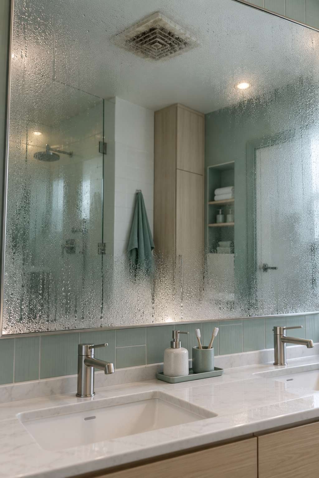 Foggy bathroom mirror signaling a weak or failing exhaust fan